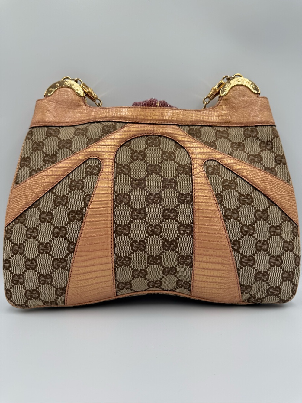 Gucci Tom Ford GG Canvas Shoulder Bag with Lizard Leather Trim and Gold Chains - Picture 2 of 11